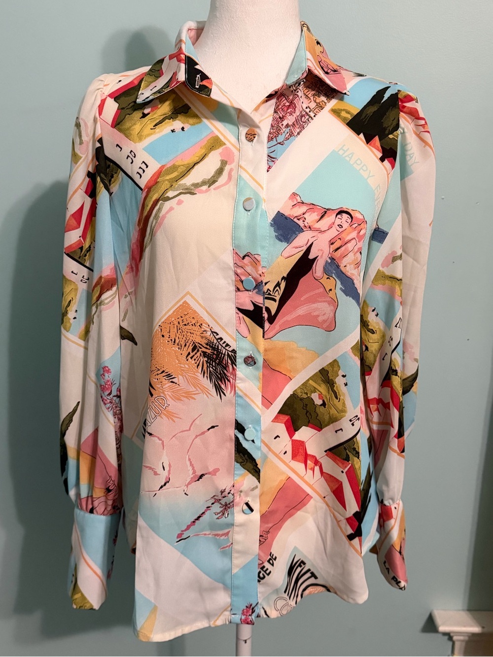 BTFBM Scenic Travel Postcard Print Button Up Blouse Top XL NWT